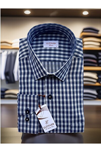 elitpark Lacivert Ekose Pamuklu Erkek Gömlek