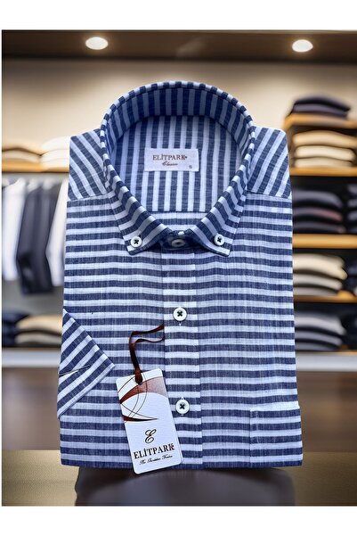 elitpark Yan Çizgili Koyu Mavi Pamuklu Erkek Gömlek