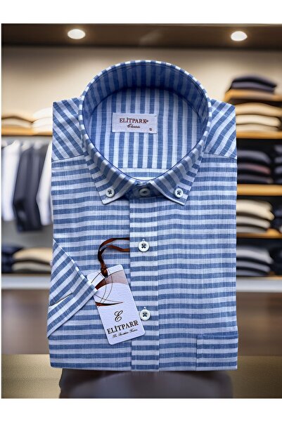 elitpark Yan Çizgili Mavi Pamuklu Erkek Gömlek