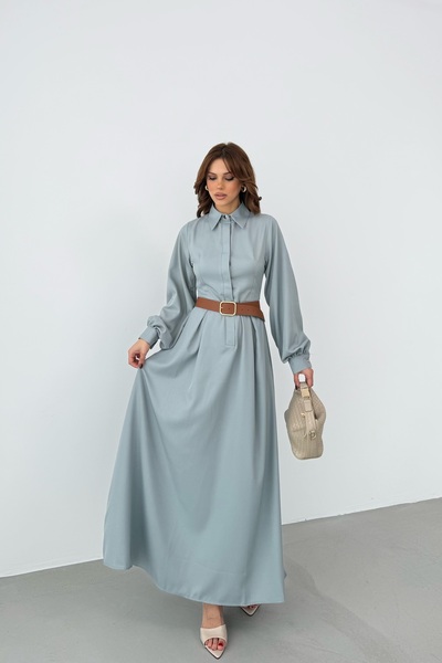 BEJNA Women's Belt Detailed Balloon Sleeve Silky Woven Dress