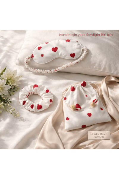 MagicPink Velvet Night Sweet Hearts Mini Night Set – %100 Pamuklu Uyku Göz Ba...