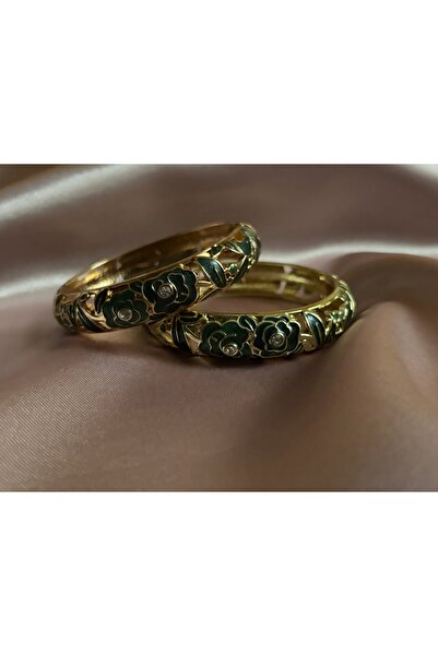 AZURE Atelier Co Yeşil Çiçek Detaylı Altın Renk Kadın Kelepçe Bileklik – Taşl...