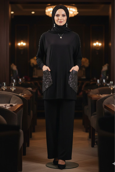 MR.MODAMİRA Kadın Sandy Siyah Tarz Davet file pul payet Detaylı Rahat Kalıp İ...