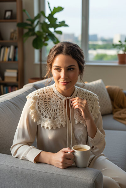 pulur.co Ekru El Örgüsü Tığ İşi Retro Vintage Dantel Model Yakalık