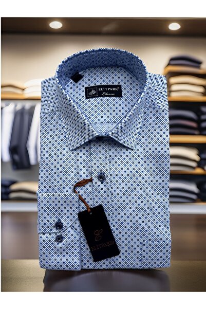 elitpark Kare-Nokta Desenli Pamuklu Mavi Erkek Gömlek