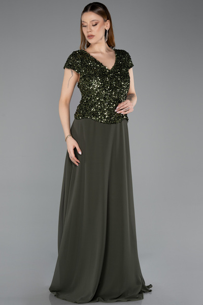 Abiyefon Haki Pullu Kısa Kol V Yaka Uzun Şifon Büyük Beden Abiye ABU5651