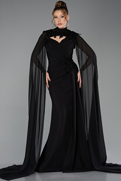 Abiyefon Siyah Straplez Şallı Portatif Üst Detaylı Uzun Abiye ABU5558