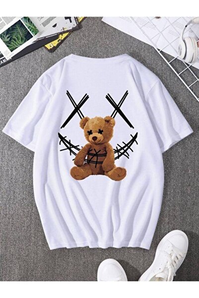 CLASSY.MODA Unisex Λευκό Υπερμεγέθη Μπλουζάκι με Στάμπα Άνετη Γραμμή Καθημερι...