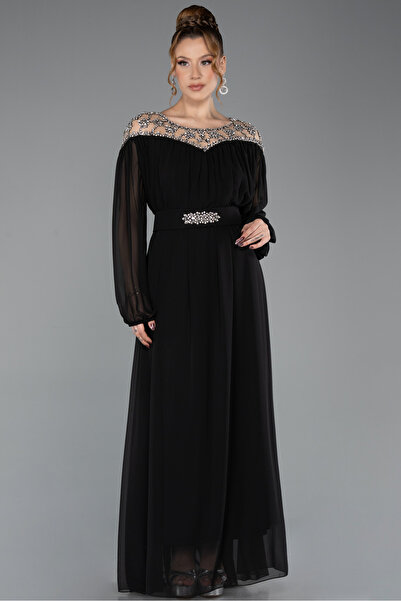 Abiyefon Siyah Taşlı Yaka Şifon Uzun Kol Büyük Beden Abiye ABU5555