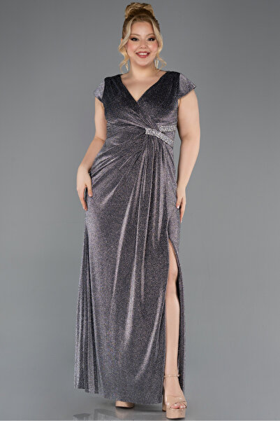 Abiyefon Antrasit Kısa Kol Yırtmaçlı Uzun Simli Büyük Beden Abiye ABU5552