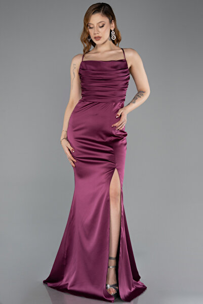 Abiyefon Vişne Askılı Bacak Dekolteli Uzun Saten Mezuniyet Elbisesi ABU5646
