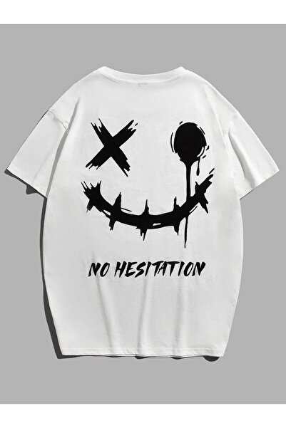 CLASSY.MODA Tricou unisex alb supradimensionat, imprimat, croială lejeră, îmb...