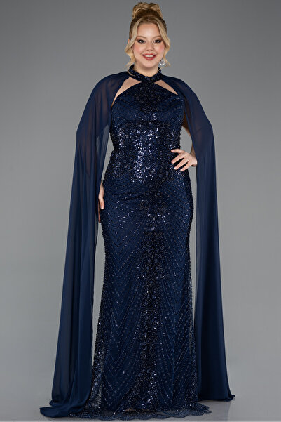 Abiyefon Lacivert Halter Yaka Şallı Uzun Boncuklu Büyük Beden Abiye ABU5596