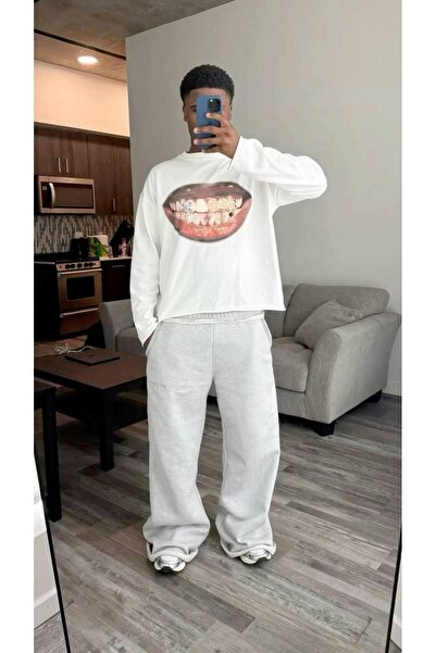 CLASSY.MODA Tricou unisex alb supradimensionat, imprimat, croială lejeră, îmb...