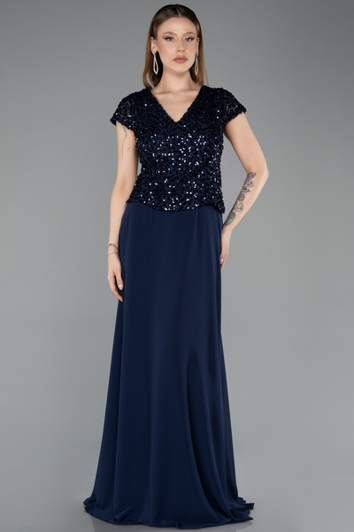 Abiyefon Lacivert Pullu Kısa Kol Uzun Şifon Büyük Beden Abiye ABU5651