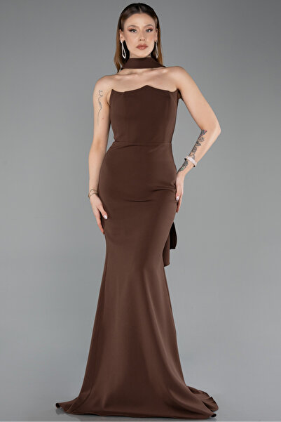 Abiyefon Kahve Straplez Şallı Uzun Balık Abiye Elbise ABU5627
