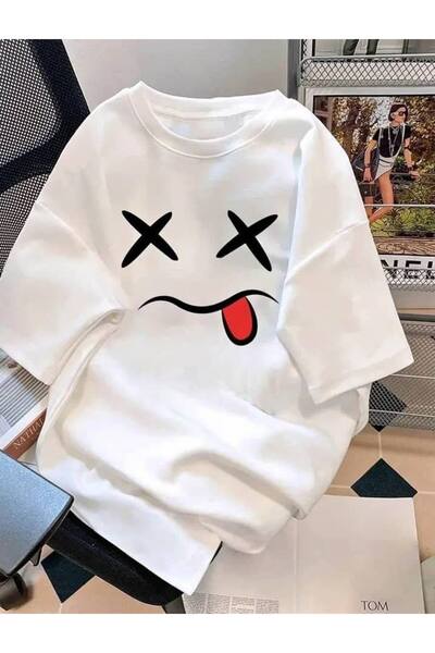 CLASSY.MODA Unisex Λευκό Υπερμεγέθη Μπλουζάκι με Στάμπα Άνετη Γραμμή Καθημερι...