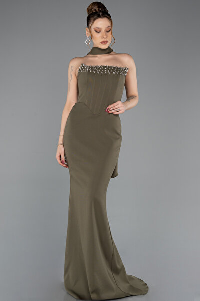 Abiyefon Haki Taşlı Straplez Yaka Uzun Balık Abiye Elbise ABU5566