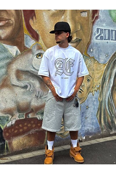 CLASSY.MODA Unisex Λευκό Υπερμεγέθη Μπλουζάκι με Στάμπα Άνετη Γραμμή Καθημερι...