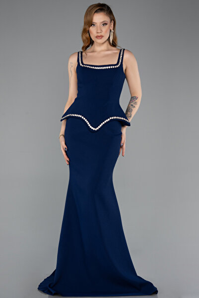 Abiyefon Lacivert Taşlı Kare Yaka Peplum Kesim Uzun Balık Abiye Elbise ABU5597