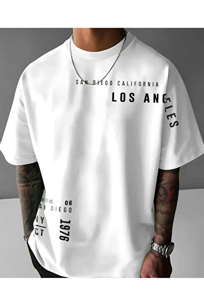 CLASSY.MODA Unisex Λευκό Υπερμεγέθη Μπλουζάκι με Στάμπα Άνετη Γραμμή Καθημερι...