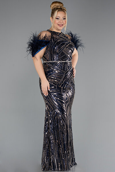 Abiyefon Lacivert Tüylü Kol Detay Boncuklu Uzun Büyük Beden Abiye ABU5540