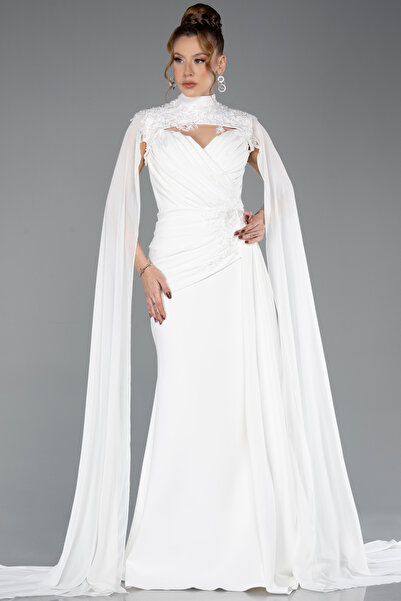 Abiyefon Ekru Straplez Şallı Portatif Üst Detaylı Uzun Abiye ABU5558