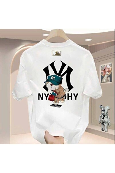 CLASSY.MODA Unisex Λευκό Υπερμεγέθη Μπλουζάκι με Στάμπα Άνετη Γραμμή Καθημερι...