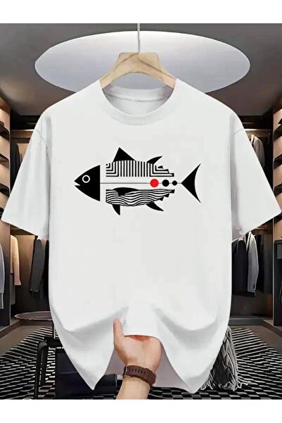 CLASSY.MODA Unisex Λευκό Υπερμεγέθη Μπλουζάκι με Στάμπα Άνετη Γραμμή Καθημερι...