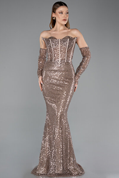 Abiyefon Bakır Straplez Uzun Boncuklu Balık Abiye Elbise ABU5659