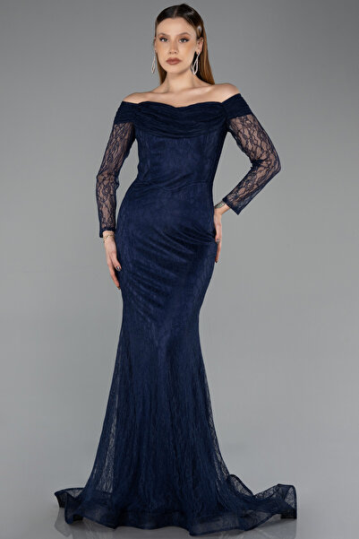 Abiyefon Lacivert Kayık Yaka Uzun Kol Dantel Abiye Elbise ABU5617