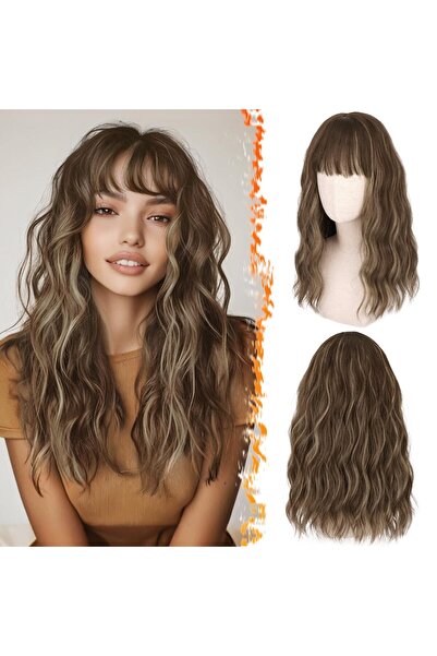 OEM Medium length wig with bangs, 46 cm, wavy and curly synthetic hair, mixed...