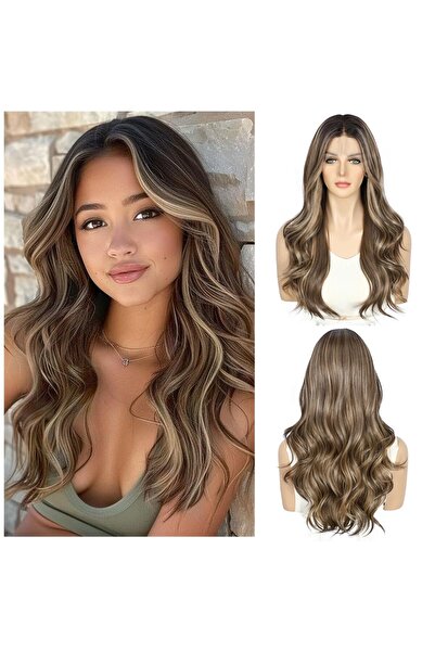 OEM Peruca maro cu dantela frontala, par sintetic ondulat, pre-smulsa pentru ...