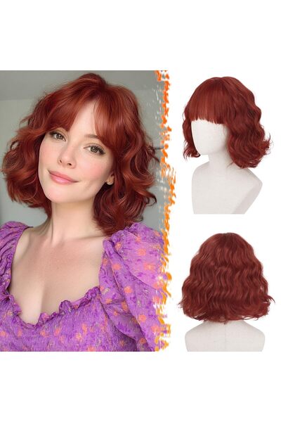 OEM Short, wavy, red-copper, breton, textured bob and curly wig