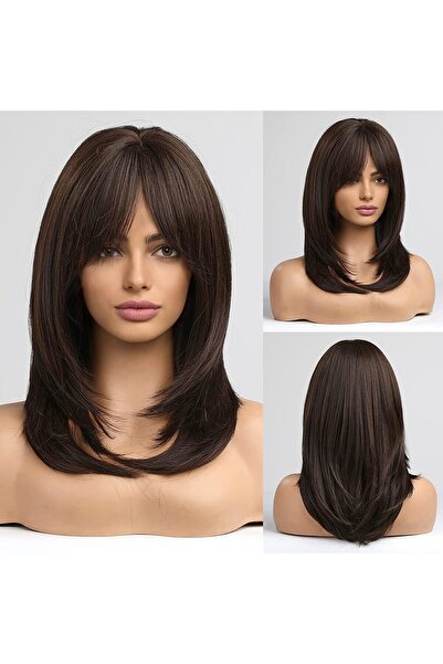 OEM Dark brown, layered, with bangs, synthetic, heat resistant, shoulder leng...