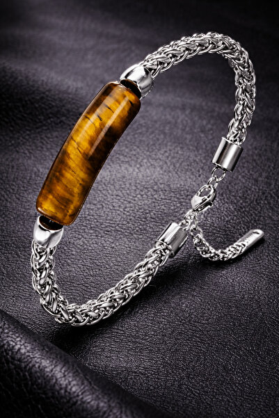 İyyaKee Erkek Çelik Bileklik Doğal Kaplan Gözü Taşlı Örgü Zincir Künye