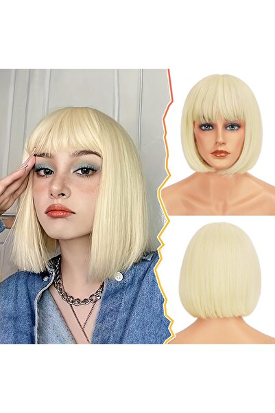 OEM Peruca bob blonda, cu breton, 30cm, scurta si dreapta, sintetica, blond p...