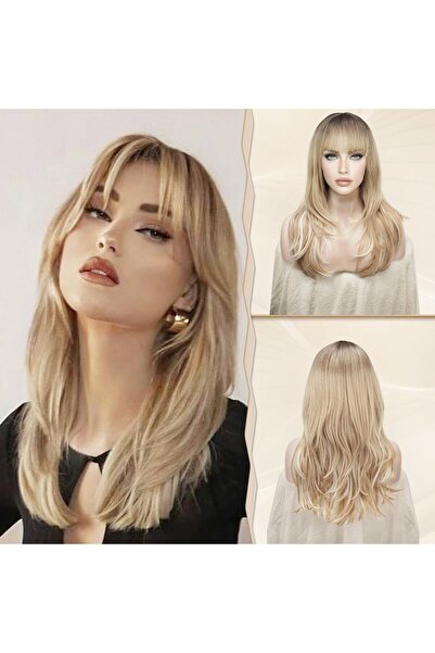 OEM Peruca cu breton, par sintetic, lunga, in straturi, blonda, 60 cm