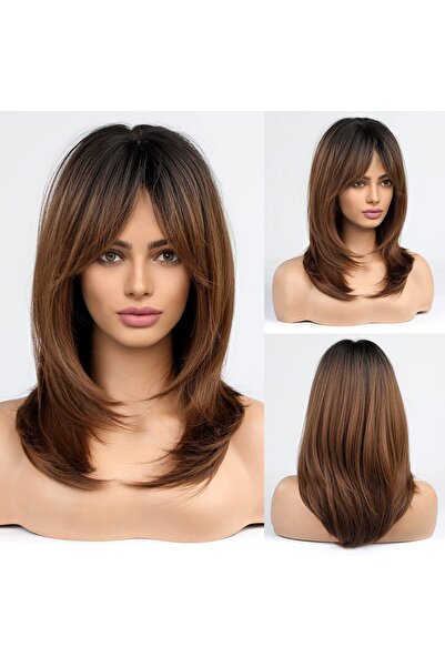 OEM Long brown wig with bangs, layered, heat-resistant synthetic hair