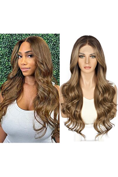 OEM Lace front wig, synthetic, wavy, light brown, 13x4, balayage, 66 cm