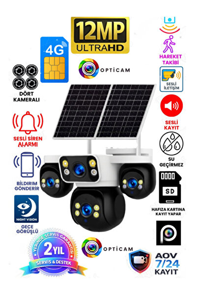 Opticam 44GZ 4G SOLAR GÜNEŞ ENERJİLİ 3+3+3+3 12MP Güvenlik Kamerası,360 Derec...