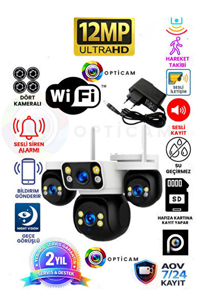 Opticam 44W WİFİ 1.5A ADAPTÖRLÜ 3+3+3+3 12MP Güvenlik Kamerası,360 Derece Açı...
