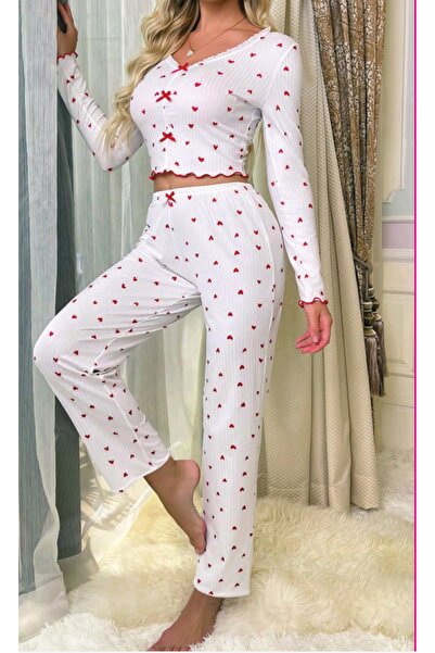 Nightlight Kadın Kalp Desenli Uzun Kollu Pijama Takımı – Fitilli Ribana Ev Gi...