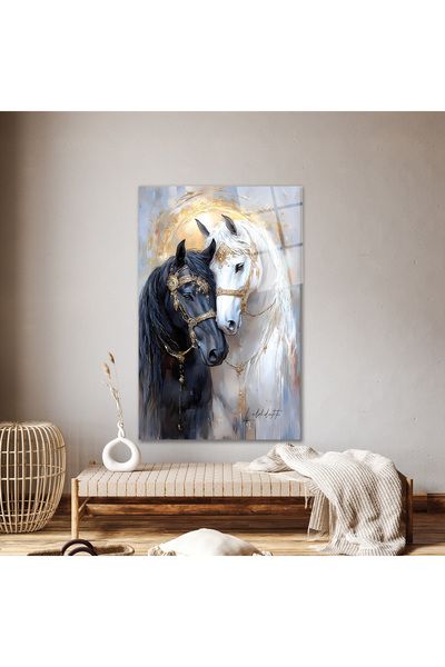 home dekors Siyah Beyaz At Aşk Cam Tablo, Ev Ofis İşyeri Hediyelik Duvar Deko...