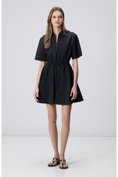 Network Siyah Büzgülü Kısa Kol Fermuar Yaka Mini Elbise