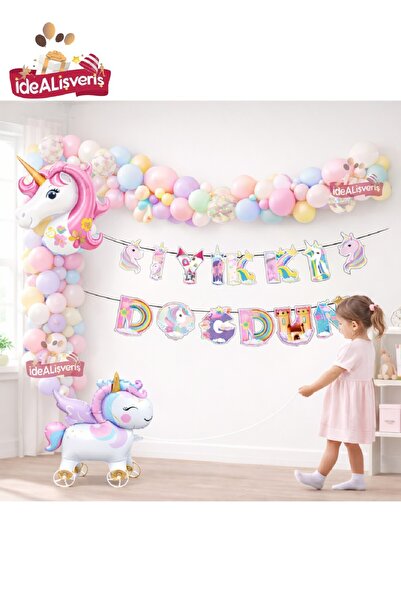 Laviyosa Σετ γενεθλίων Unicorn με ρόδες – Αλυσίδα μπαλονιών μακαρόν με τραβηγ...