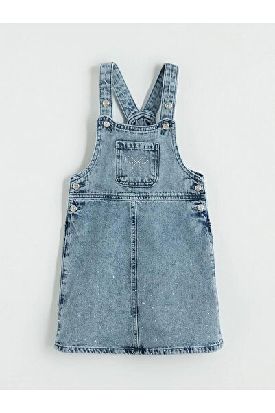 LC Waikiki Square Collar Stone Embroidered Girls' Jean Salopet (S6)