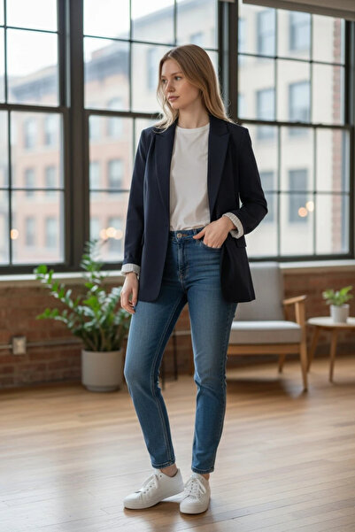modayiğit Lacivert astarlı şık kadın blazer ceket