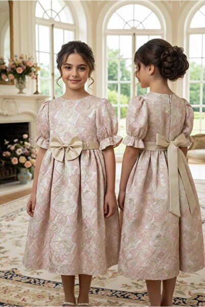 Rawai Roma Girls' jacquard dress in pink and sky blue with a bow and satin belt