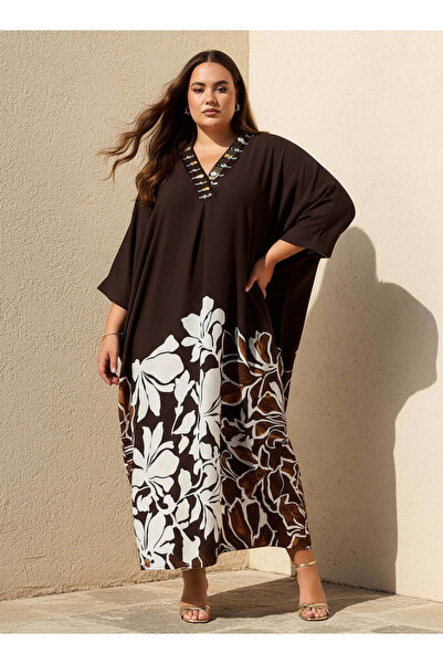 Ulla Popken Maxi Viscose Kaftan with Embellished Detail